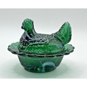 Vintage Mosser Emerald Green Slag Glass Hen on Nest Salt Cellar
